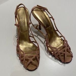 Dolce & Gabbana Iridescent Metallic Gold and Pink Strappy Heels Size 39